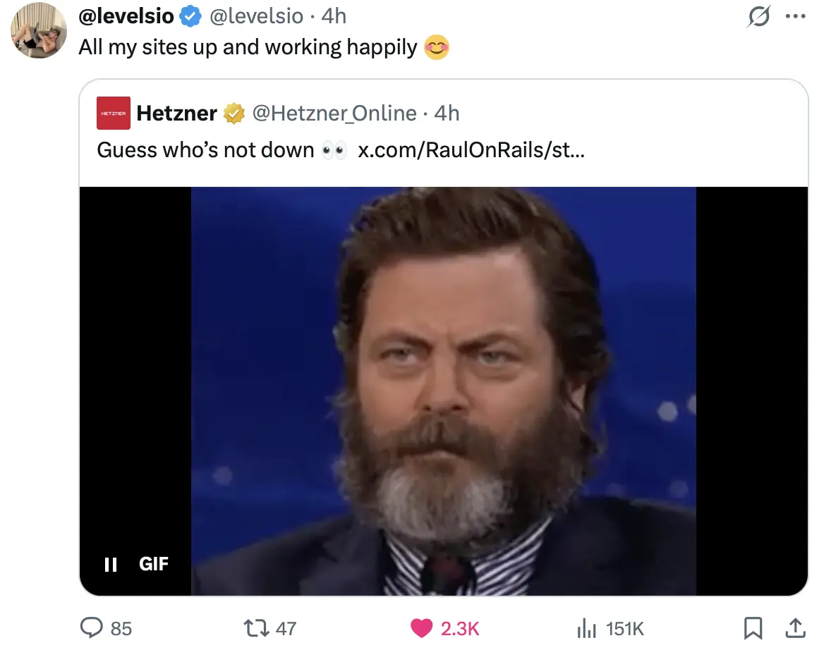 Peter Levels self-hosting tweet